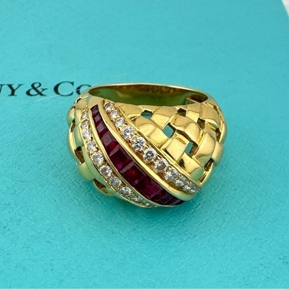 Tiffany & Co. Jewelry - Vintage Tiffany & Co. Ruby Diamond Vannerie Basket Weave Ring 18k Gold 1989